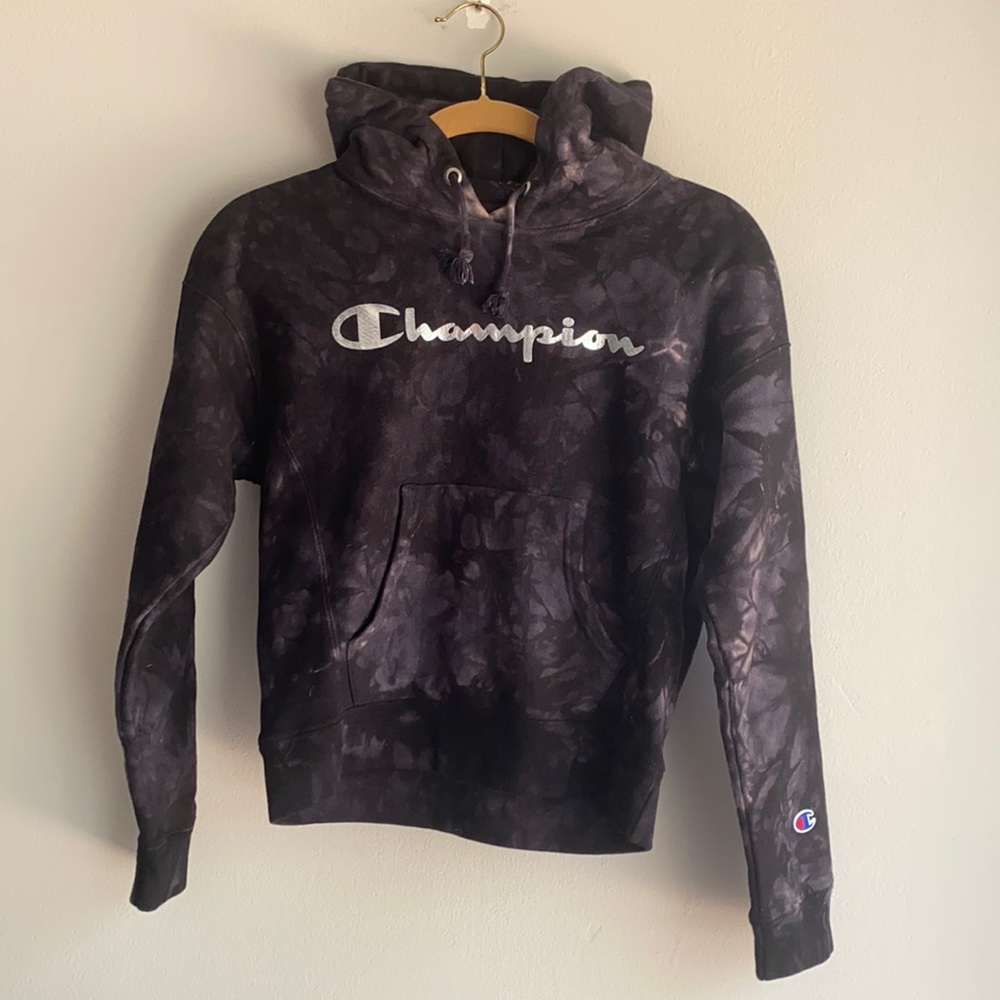 Champion Scrunch Tie Dye Reverse Weave Hoodie Black Gray XS